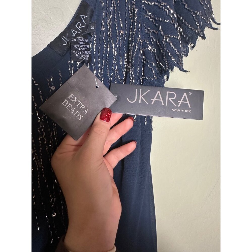 J Kara Women's Hanky Hem Beaded Cocktail Dress, Navy/Mercury, 6 - Picture 5 of 6